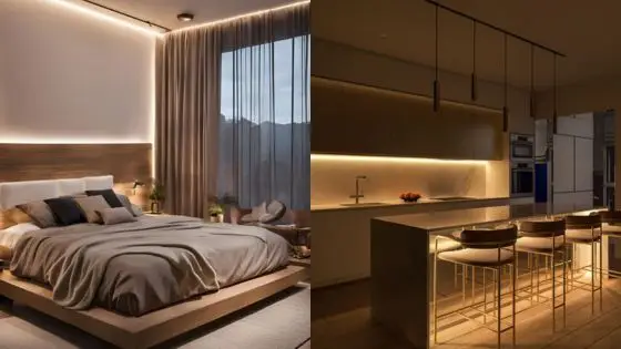 Choose Driver for LED Strip Lights Modern bedroom and kitchen with ambient lighting, minimalist design, and warm tones. | Sky Rye Design Modern bedroom and kitchen with ambient lighting, minimalist design, and warm tones.