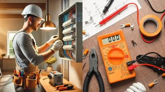Choosing the Right Professional for Your Electrical Repair Needs Electrician working on control panel; tools and multimeter for electrical repair on desk. | Sky Rye Design Electrician working on control panel; tools and multimeter for electrical repair on desk.