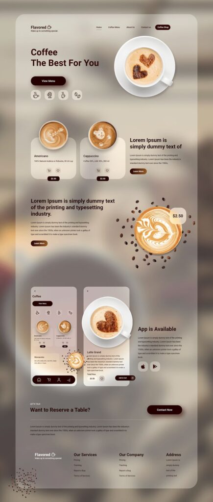 Modern coffee shop website design with cappuccino images and menu options. Stylish and inviting layout.