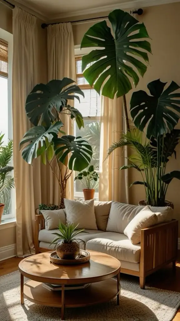 Cozy living room with a white sofa, large Monstera plants, and a round wooden coffee table in natural light.