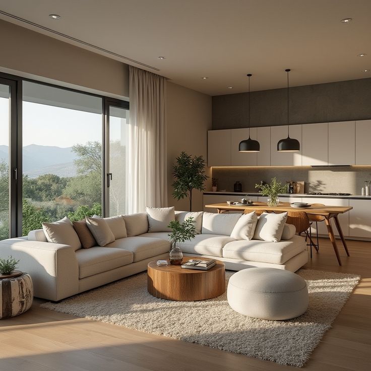 Modern living room with large windows, cozy beige sofa, wooden coffee table, and open kitchen area. Bright, airy space.