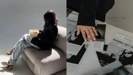 Creating engaging social media content A woman sits on a sofa writing in a notebook; a hand organizes papers labeled Agency 414 on a table. | Sky Rye Design A woman sits on a sofa writing in a notebook; a hand organizes papers labeled Agency 414 on a table.