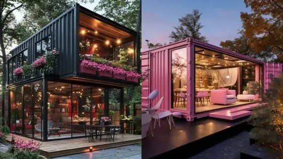 Creative Things to Build Shipping Containers Modern container homes with glass walls, stylish interiors, and vibrant exteriors set among lush greenery at dusk. | Sky Rye Design Modern container homes with glass walls, stylish interiors, and vibrant exteriors set among lush greenery at dusk.