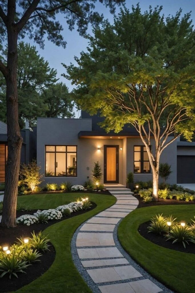 Modern house with pathway and landscaping illuminated by outdoor lights. Twilight view, minimalistic design.