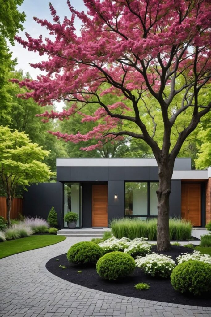 Modern house with large pink blossom tree and landscaped garden.