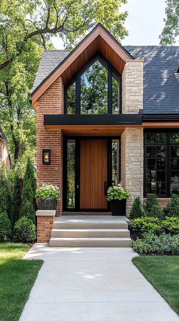 Front entrance of modern brick house with wooden door, stone accents, and lush landscaping.