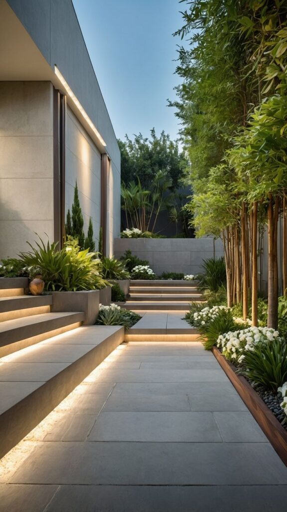 Modern garden pathway with ambient lighting, lined by lush green plants and white flowers for a serene outdoor space.