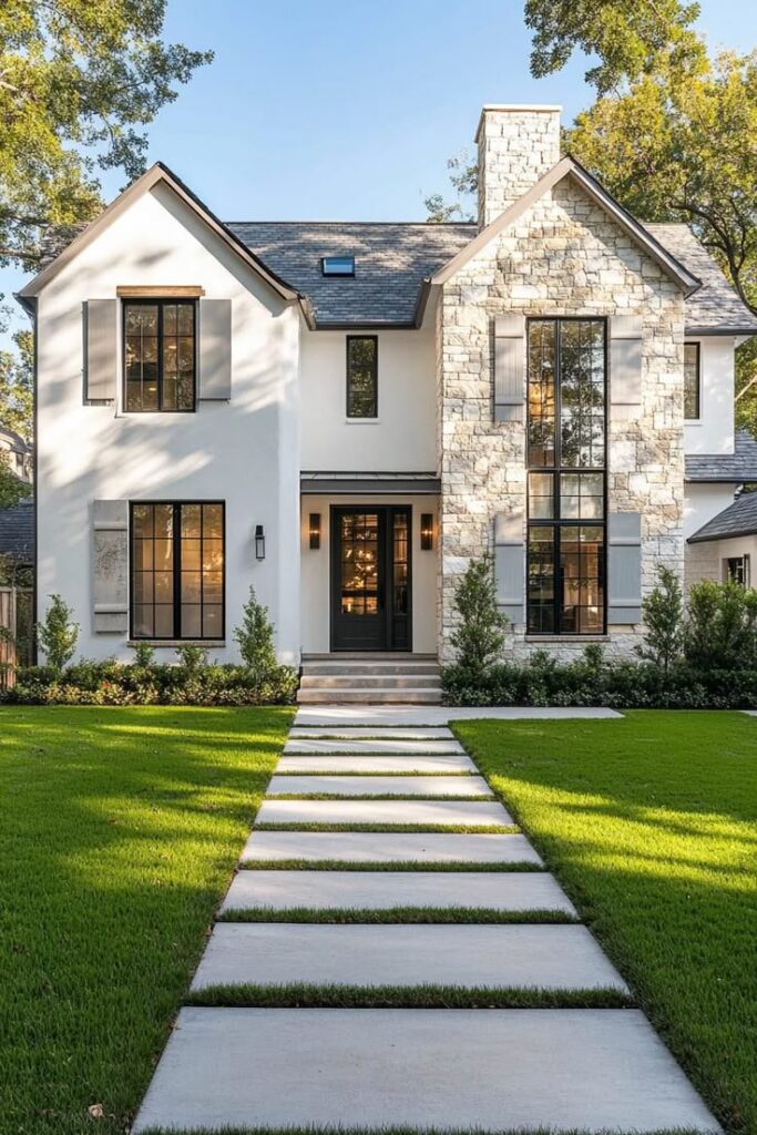 Modern two-story house with stone accents, large windows, and green lawn. Majestic facade and sleek pathway in foreground.