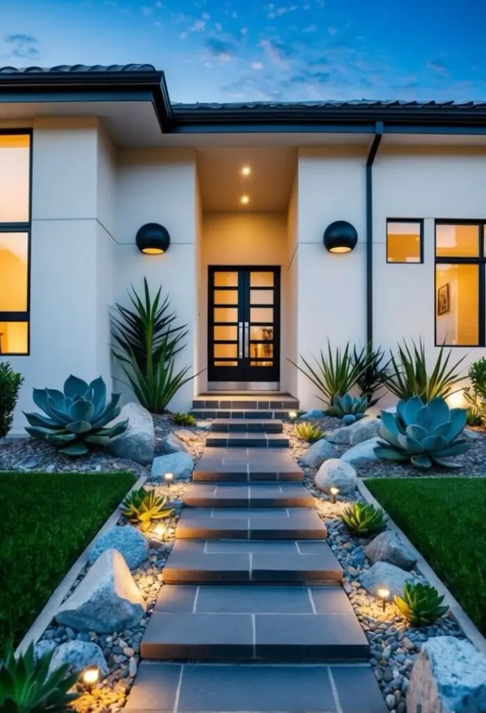 Modern home entrance with landscaped path, succulents, and exterior lighting under a twilight sky.