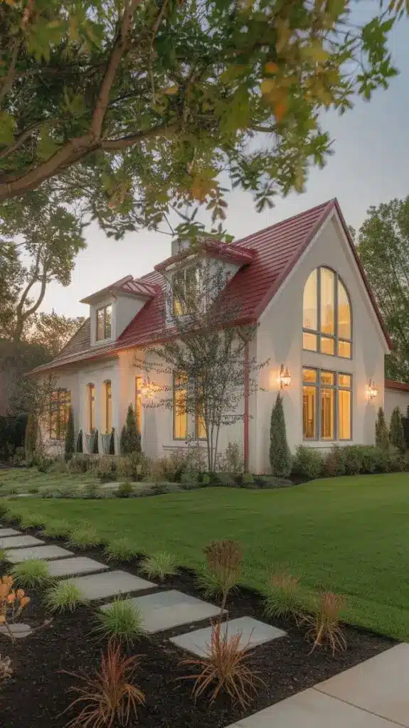 Beautiful modern house with large windows, red roof, and landscaped garden at dusk.