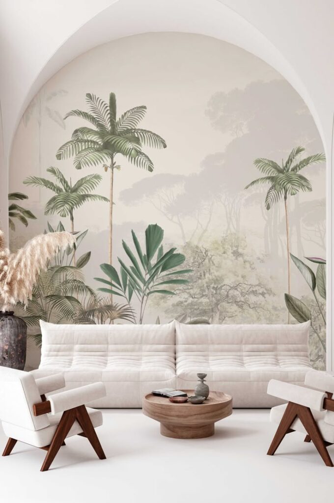 Modern living room with tropical mural, white sofa, wooden chairs, and round coffee table. Elegant interior design.