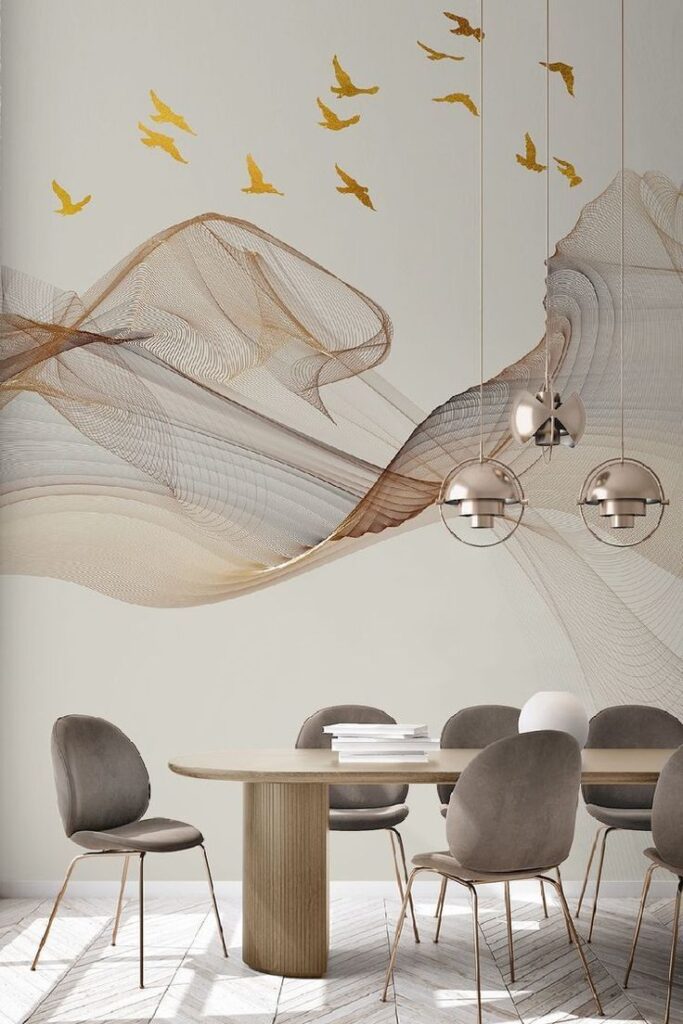 Modern dining room with abstract wall art and pendant lights above a wooden table surrounded by stylish chairs.