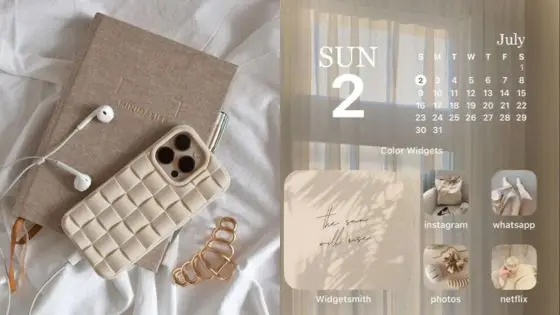 Customizing your phone home screen aesthetic Aesthetic beige-themed flatlay with phone, calendar, and app widgets on beige fabric, creating a cozy vibe. | Sky Rye Design Aesthetic beige-themed flatlay with phone, calendar, and app widgets on beige fabric, creating a cozy vibe.