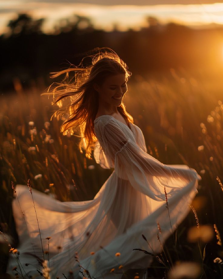 Woman twirling in a sunlit field at sunset, wearing a flowing white dress, capturing the essence of freedom and nature's beauty.