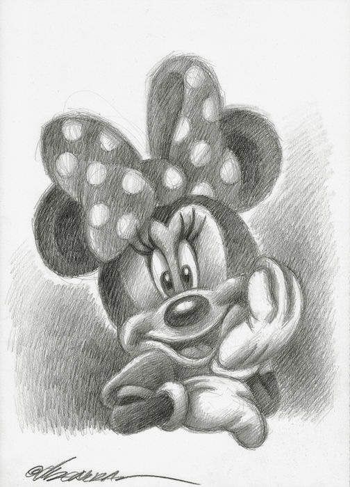 Pencil sketch of a cartoon mouse with a polka dot bow, looking thoughtfully with hand on chin.