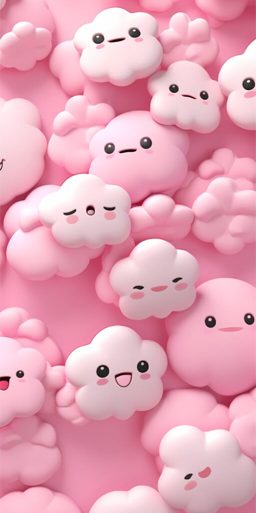 Cute pink fluffy clouds with happy faces on a soft pastel pink background, creating a whimsical and playful vibe.