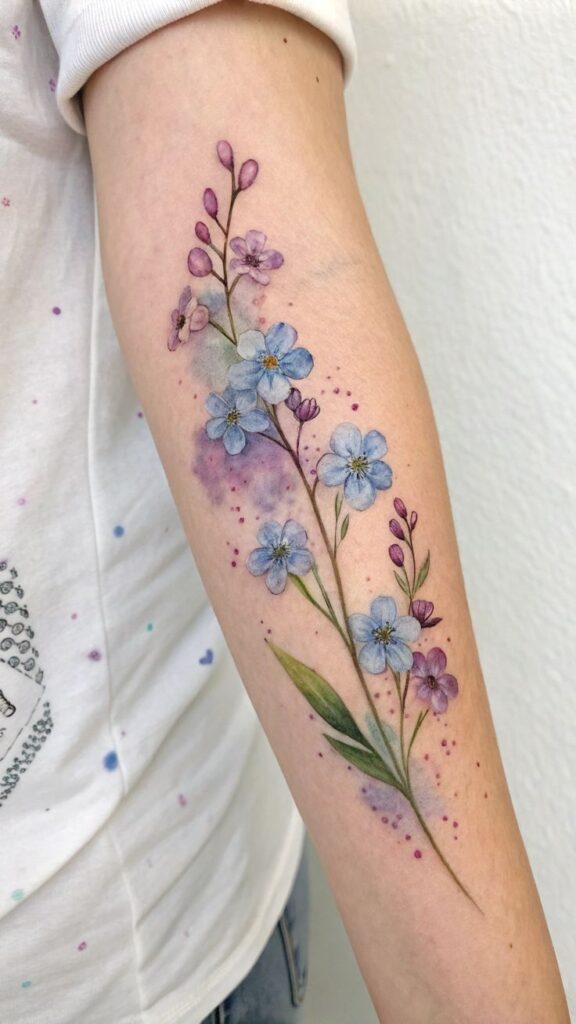 Delicate floral tattoo on forearm featuring purple and blue flowers with green leaves.