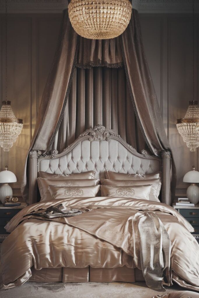 Luxurious bedroom with elegant canopy bed, silk bedding, and ornate chandeliers for a sophisticated ambiance.