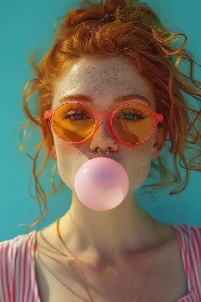 Red-haired woman with freckles blowing bubblegum, wearing orange sunglasses against a turquoise background.