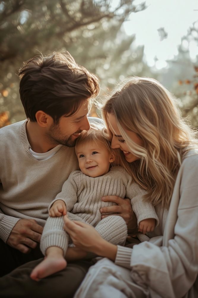 Happy family enjoying outdoors, mom, dad, and baby laughing together in cozy autumn setting.