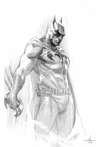 Pencil sketch of a muscular superhero in a cape, holding a batarang, standing confidently in a dramatic pose.