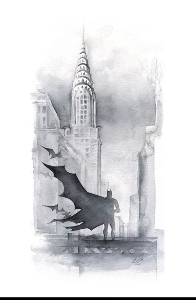 Stylized Batman silhouette against a city skyline in watercolor with tall buildings in the background.