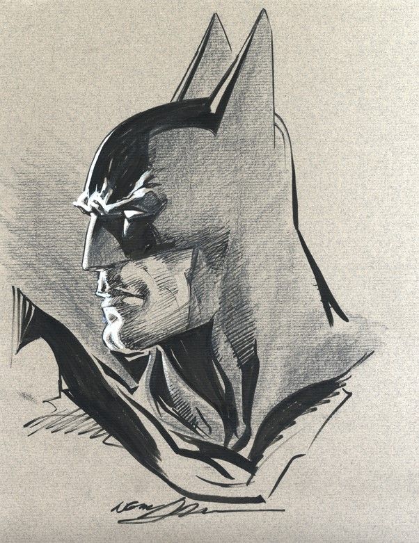 Black and white sketch of a superhero with pointed ears and cape, looking left, on textured paper background.