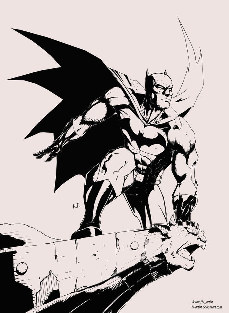 Illustration of a superhero with a cape standing on a gargoyle, in a dynamic black and white comic style.