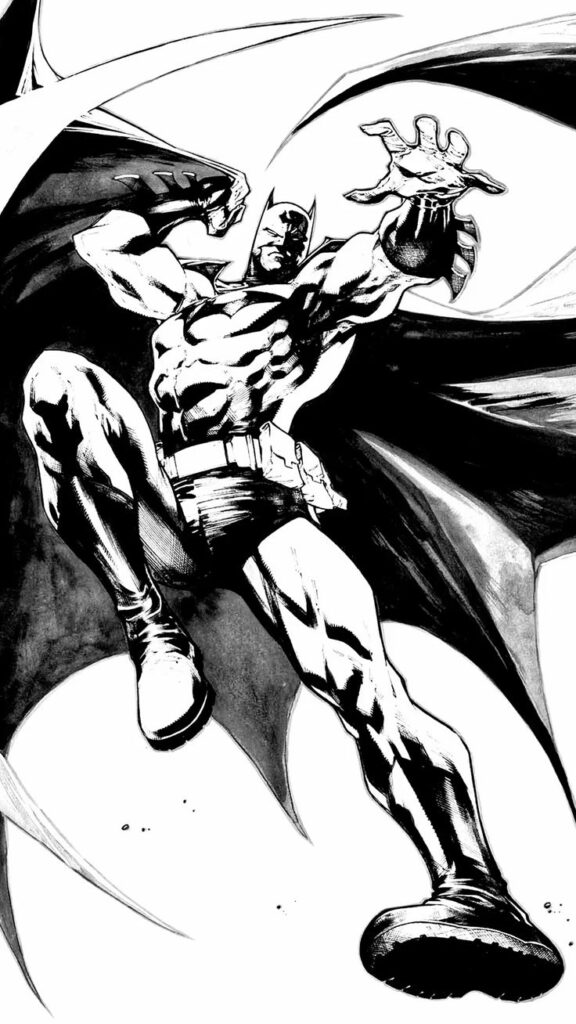 Comic-style superhero leaping dynamically, with cape flowing, in detailed black-and-white illustration.