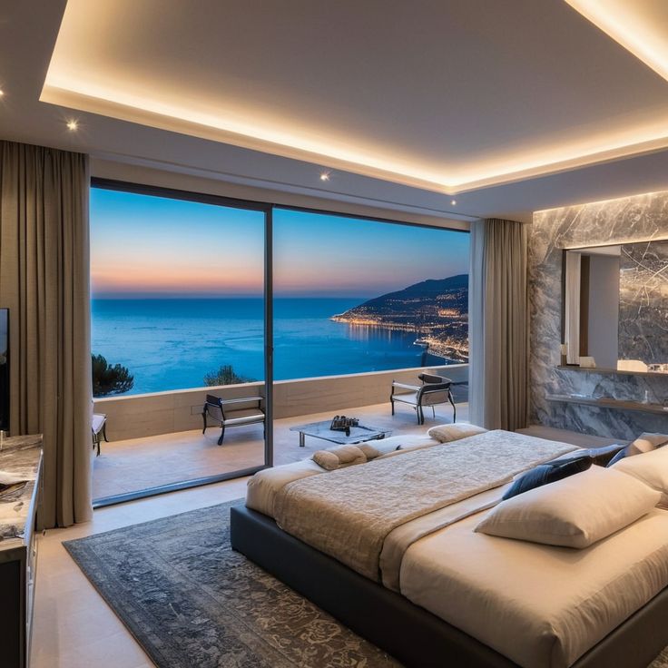 Luxurious bedroom with ocean view, modern decor, and ambient lighting at sunset through floor-to-ceiling windows.