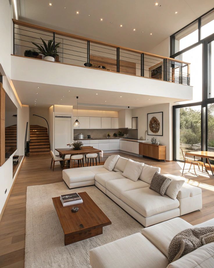 Modern open-plan living room and kitchen with high ceilings, cozy white furniture, and large windows.