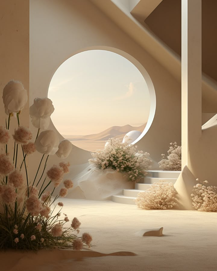 Minimalist room with round window overlooking desert landscape, adorned with dried flowers and soft, natural light.