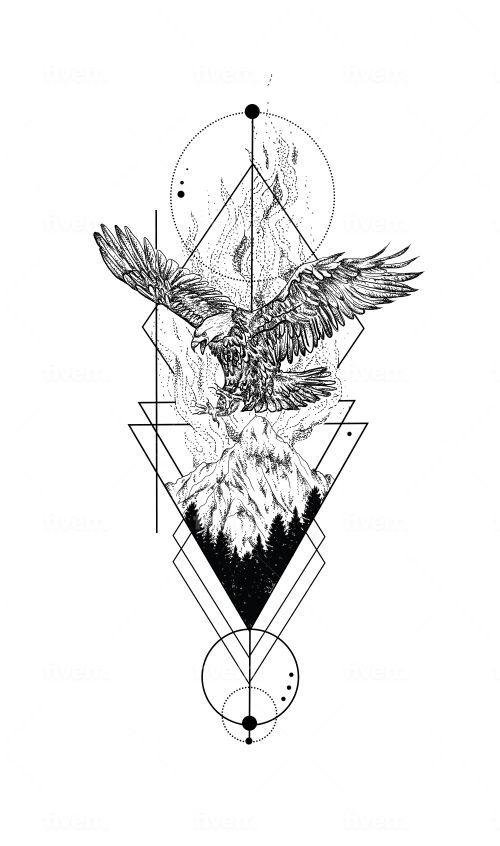 Geometric eagle illustration soaring over mountains, surrounded by ornate patterns and circles.