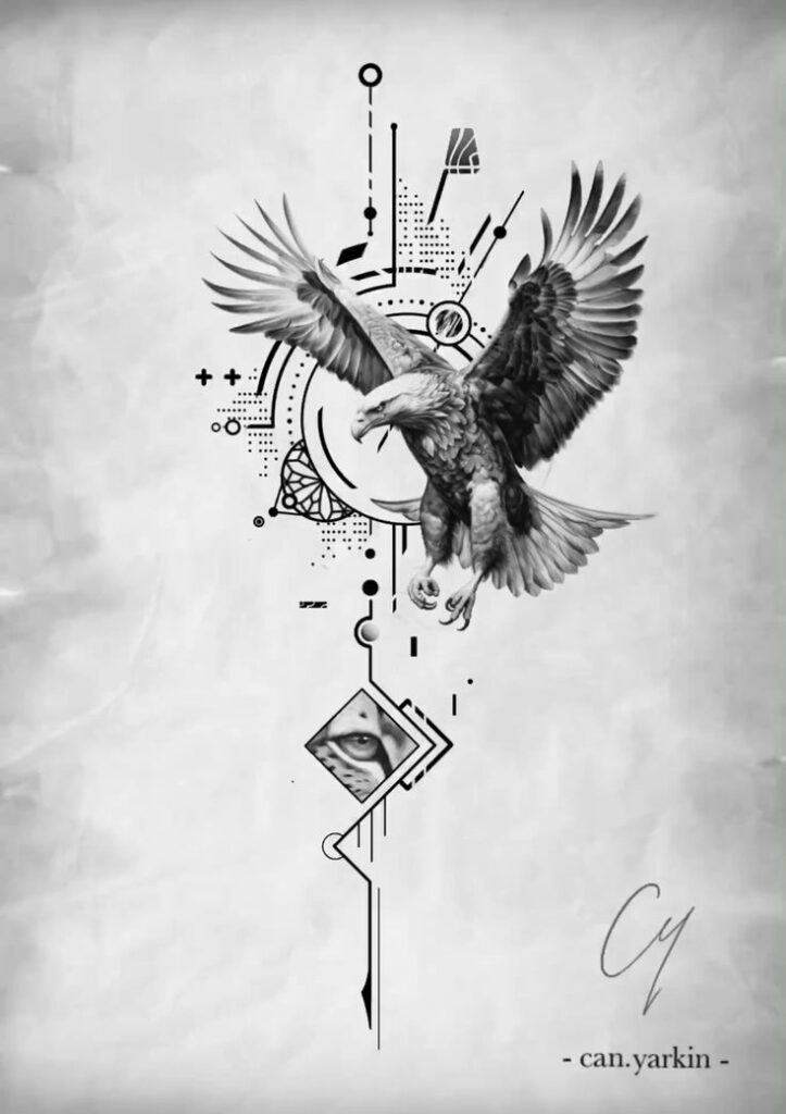 Abstract eagle illustration with geometric elements, showcasing intricate design and a watchful eye.