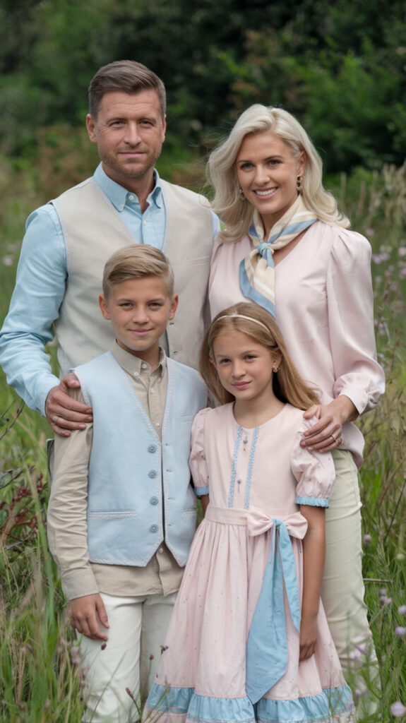 Family portrait in a field: parents and two children, dressed in pastel outfits, surrounded by greenery.