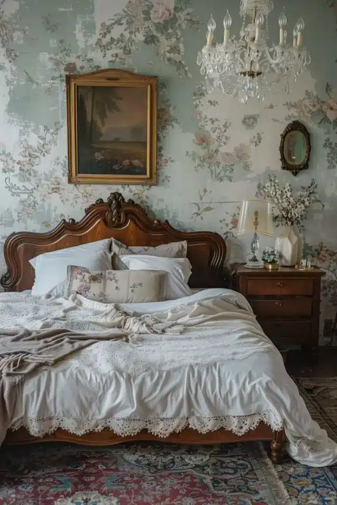 Elegant Vintage Bedroom №3 Vintage bedroom with floral wallpaper, ornate bed, chandelier, and cozy linens. | Sky Rye Design Vintage bedroom with floral wallpaper, ornate bed, chandelier, and cozy linens.