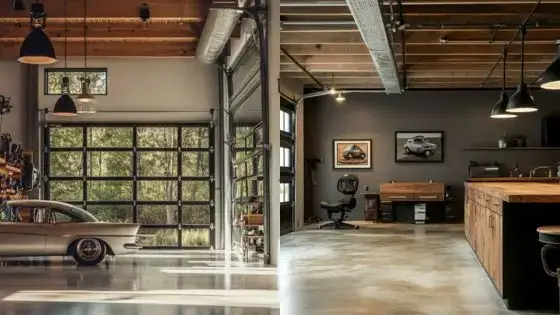 Essential Tips for Choosing Garage Shutters Suited to Your Lifestyle Modern garage interior with a vintage car, wooden workbench, and large windows, illuminated by natural and artificial light. | Sky Rye Design Modern garage interior with a vintage car, wooden workbench, and large windows, illuminated by natural and artificial light.