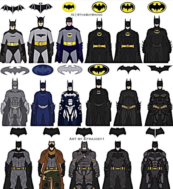 Various Batman costume designs and logos showcasing the evolution of the iconic superhero over the years. Art by Efrajoey1.