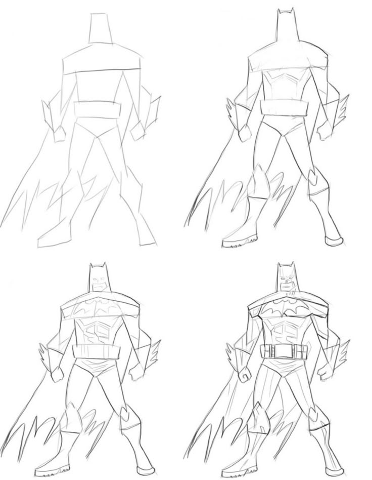 Sketch progression of a superhero character, evolving from outline to full details with cape and emblem.