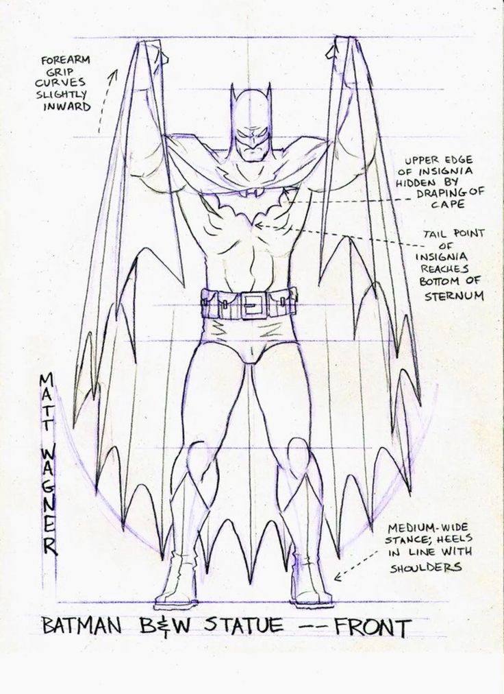 Sketch of Batman statue design by Matt Wagner, showing front view with cape details and posture notes.