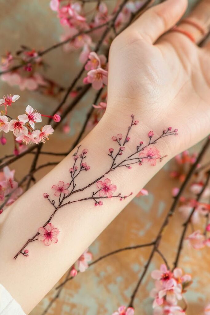 Delicate cherry blossom tattoo on wrist with matching flowers, showcasing intricate floral design.