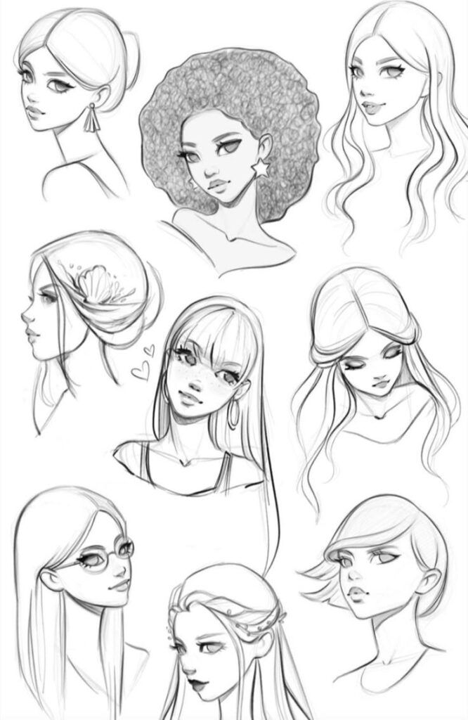 Hand-drawn female character sketches with diverse hairstyles and expressions.