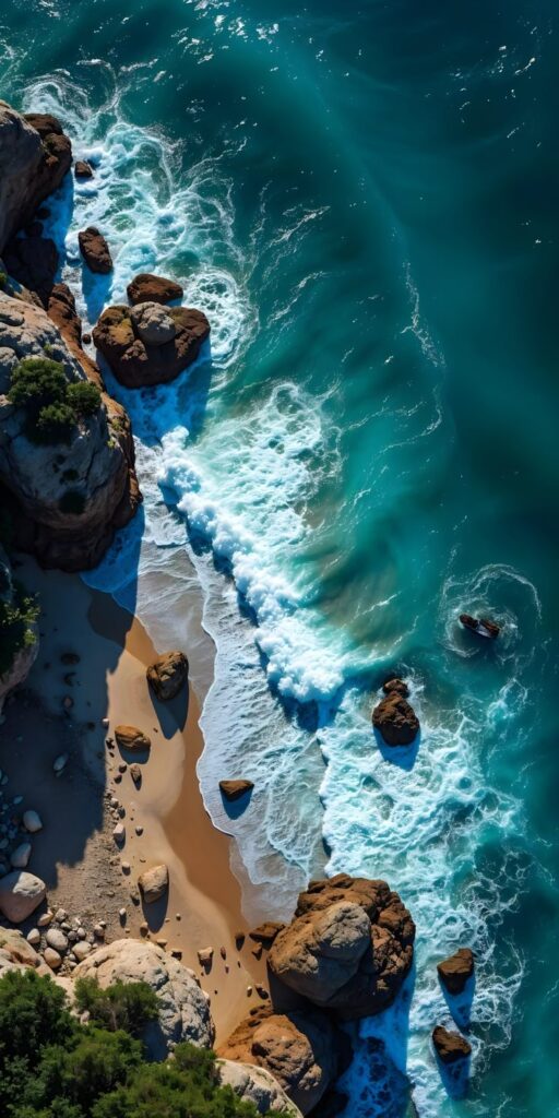 Aerial view of a rocky coastline with turquoise waves crashing on a sandy beach.