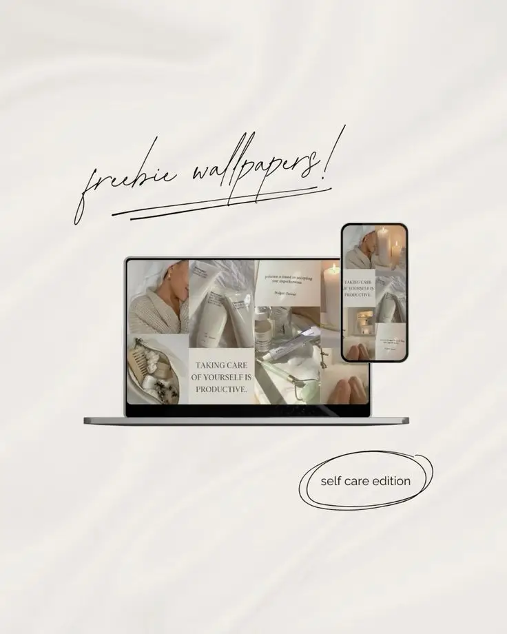 Freebie self-care wallpapers displayed on a laptop and phone, featuring calming and cozy imagery.