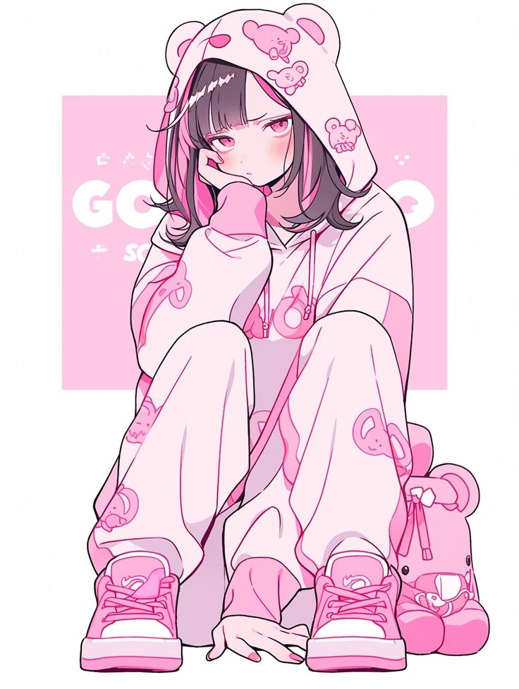 Anime girl in pink hoodie and sneakers with bear designs, sitting with a contemplative expression.