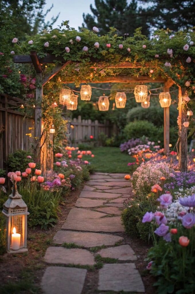 Enchanting garden path with flowers and lanterns under a vine-covered arbor at dusk.