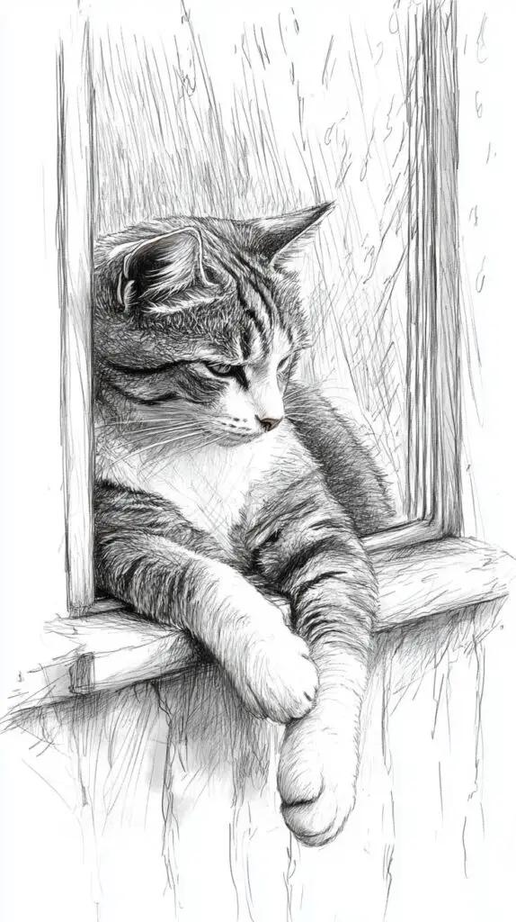 Sketch of a relaxed tabby cat leaning out of a window, capturing a peaceful moment in detailed pencil art.