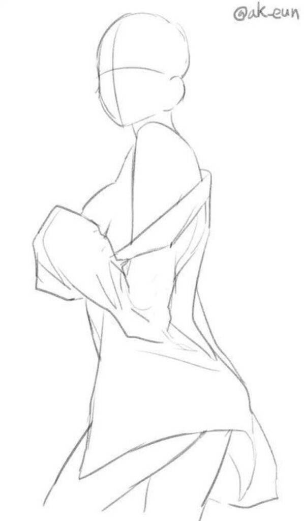 Sketch of a figure wearing an oversized shirt, minimalist line art illustration.