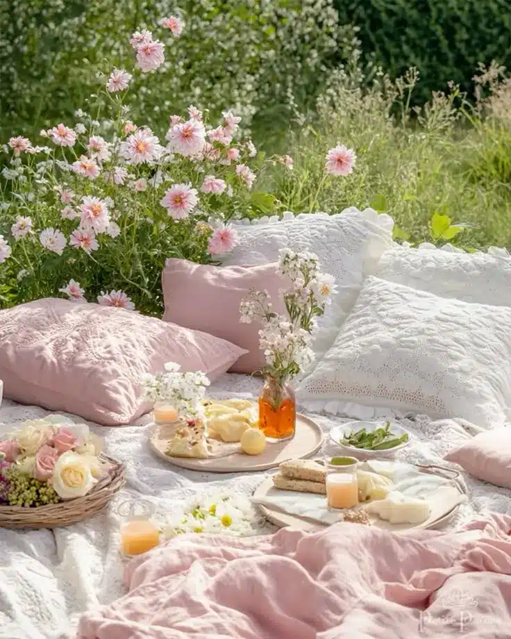 Romantic picnic setup with pink pillows, flowers, and food on a cozy blanket in a garden setting.