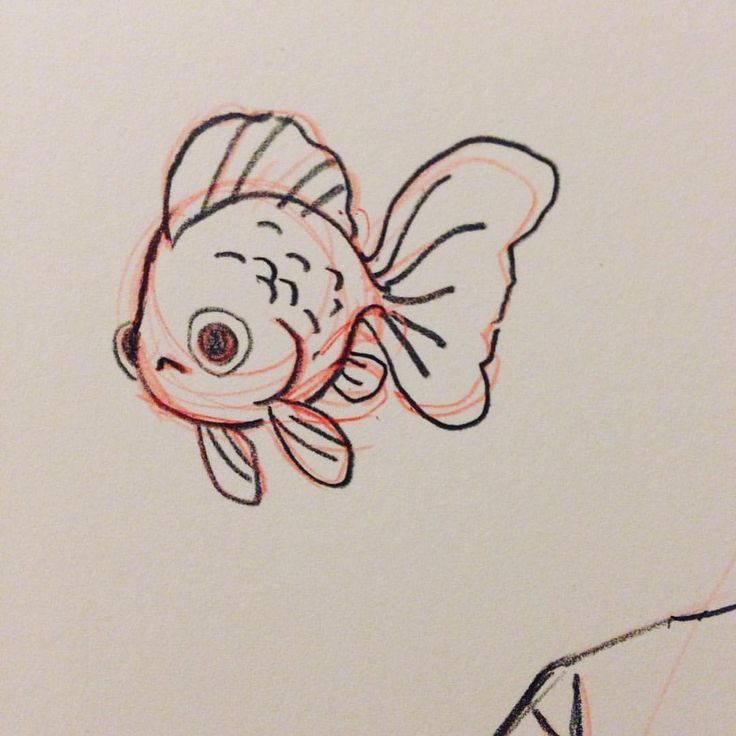 Sketch of a cute goldfish with large eyes and flowing fins on a plain background.